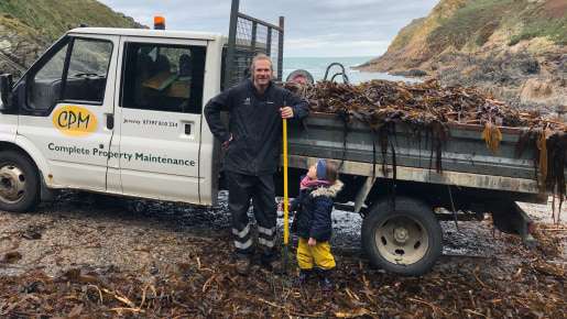 Seaweed being loaded onto a cart on a Jersey beach